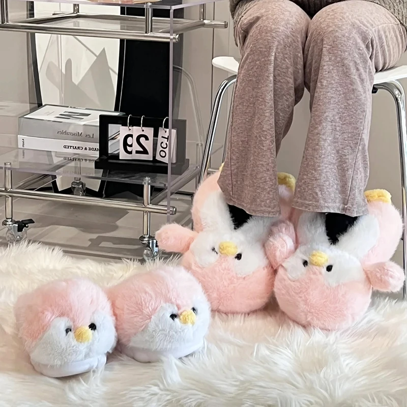 Cute little penguin winter plush cotton slippers, women\'s high-low bag heeled slippers, warm anti slip soft soled home shoes