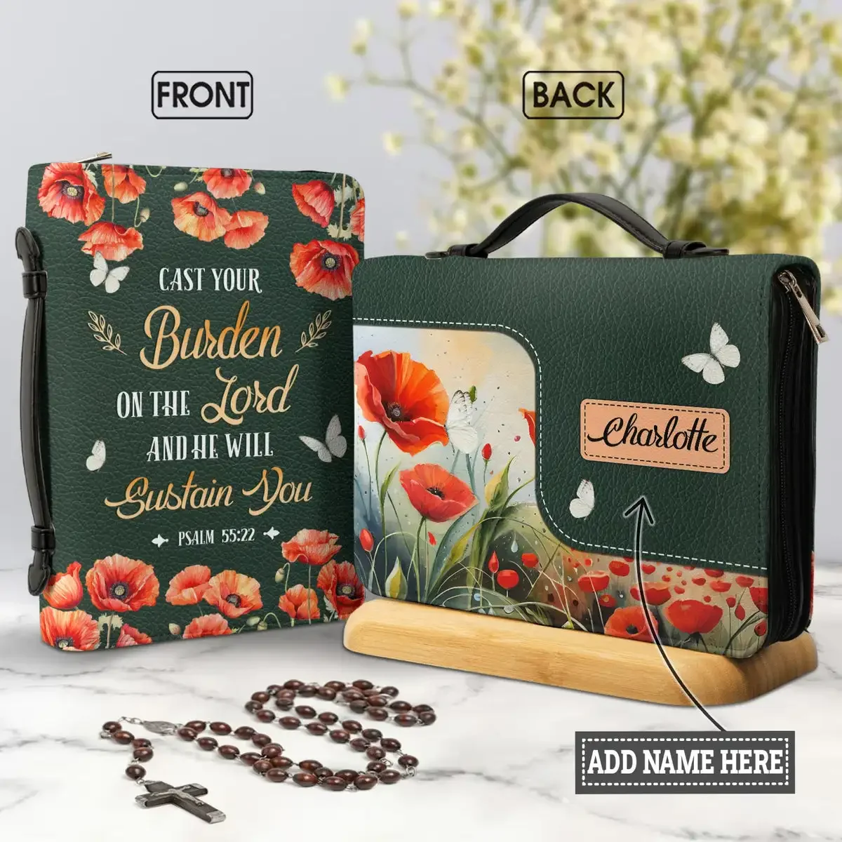 Cast Your Burden On The Lord And He Will Sustain You Print Bible Carrying Bag for Women PU Leather Christian Storage Case Cover