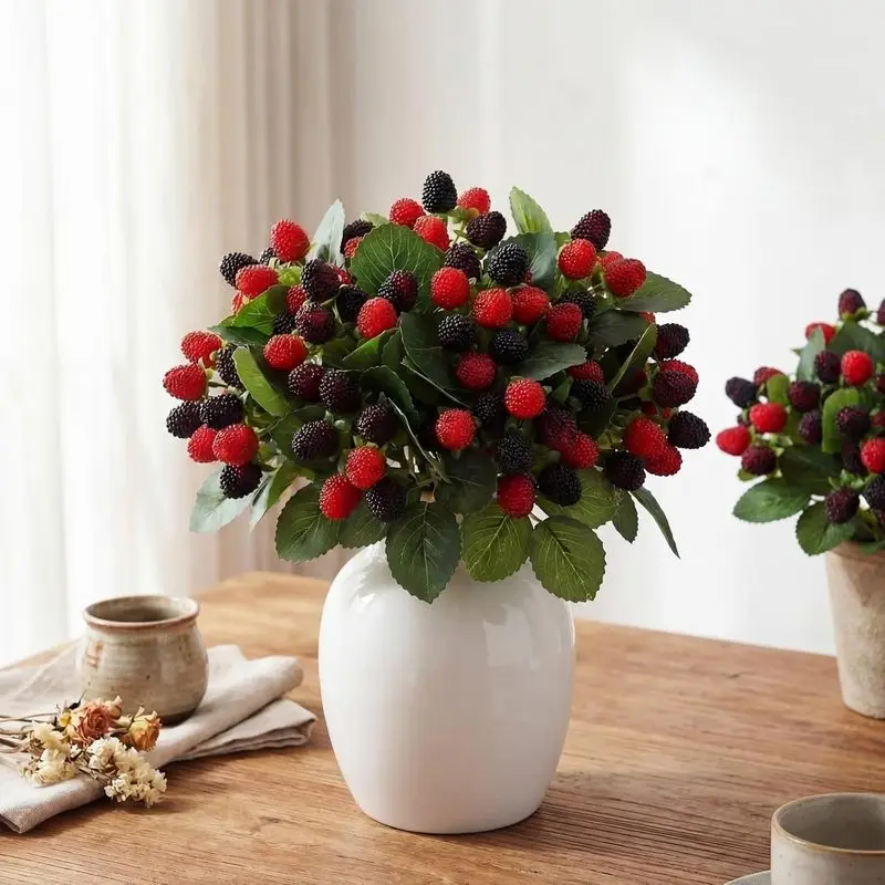 5‑Pack Artificial Raspberry Stems, 11‑Inch Fake Red Berry Branches, Faux Fruit Blackberry Picks for Home & Kitchen Decor, Floral Arrangements and Holiday Table Centerpieces (Red and Black)