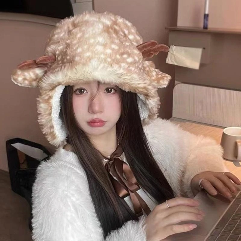 652F Thicken Windproof Elk Spotted Ear Hat for Women Teens Lace Trim Decor Hat Cold Weather Thicken Trapper Hat