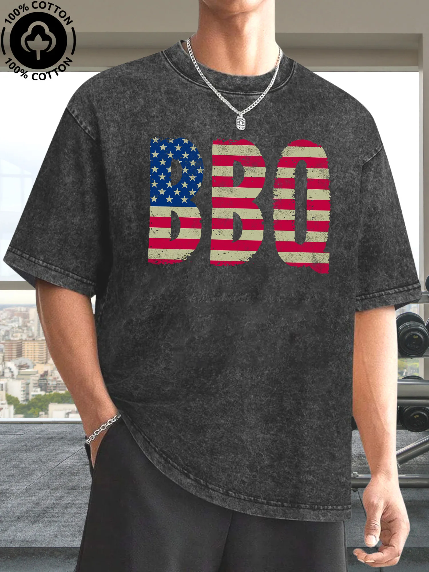 

4th Of July BBQ Chef Men's Graphic Tee, 100% Cotton Vintage Black T-Shirt, Retro Street Acid Washed Tee