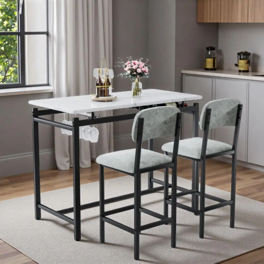 

Комплект из 3 предметов: барный стол с мраморной столешницей и стульями, металлический обеденный набор для 2 человек, серый мраморный обеденный стол