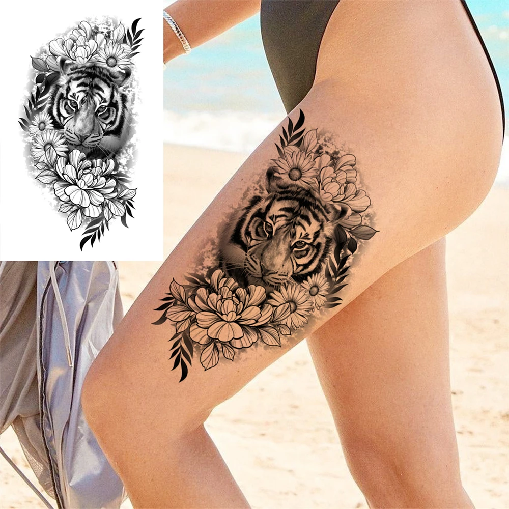 Tatuajes temporales de peonía falsa realista para mujeres y niñas, tatuaje de flor de elefante Rosa Negra, pegatina de Tigre, anémona, tatuajes de