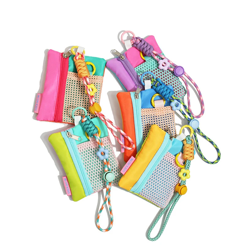 Y2K Color Block Mesh Coin Purse Cute Flower Wrist Strap Mini Zipper Wallet Portable Key Card Holder for Girls