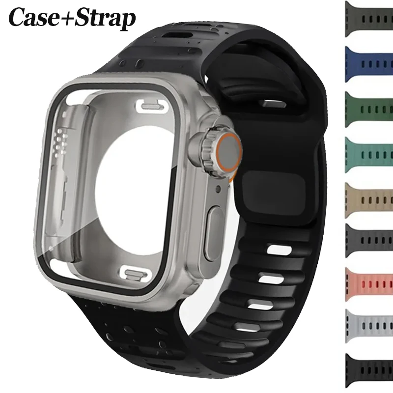 Band + Hülle für Apple Watch 44 mm 45 mm 46 mm Silikonarmband 360 wasserdichte Hülle iWatch Serie Ultra 3 SE 3 11 10 9 8 7 6 5 Schutz