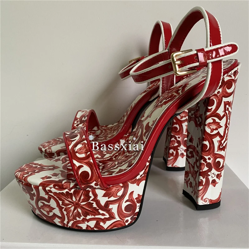 High Platform Chunky Heel Sandals Women Ankle Strap Print Flower Luxury Patent Leather Summer Shoes For Girls image 4