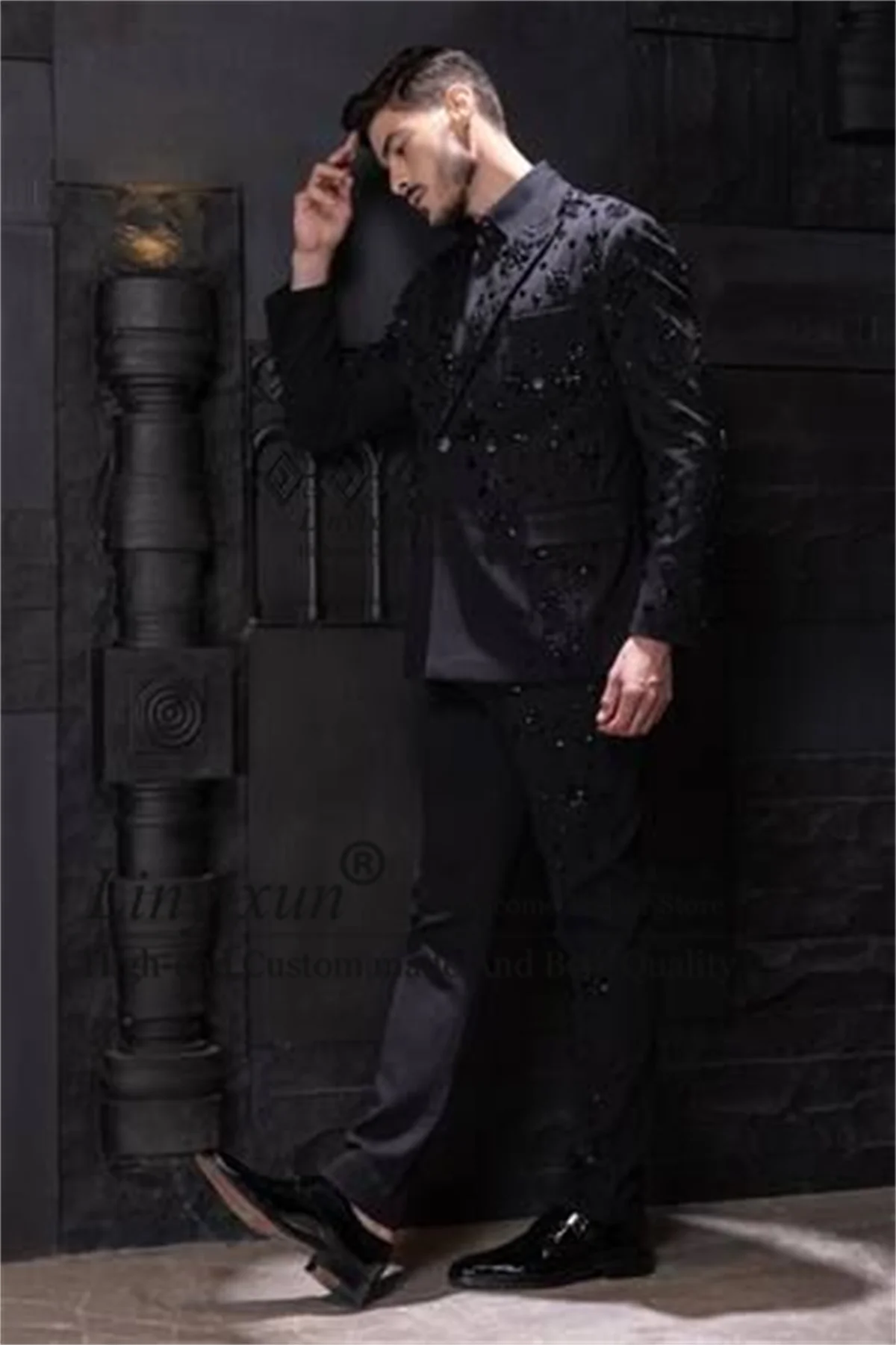 Sparkly Beaded Crystals Mens Suits Double Breasted Groom Wedding Tuxedos 2 Pieces Set Costume Homme Customized Male Prom Blazers