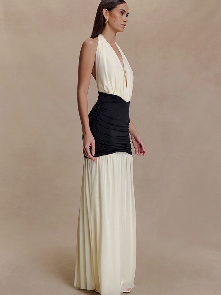 JULISSA MO Patchwork Sexy escote en V profundo Halter mujeres Maxi vestido blanco sin espalda vestido de cintura alta otoño ajustado elegante fiesta Clubwear