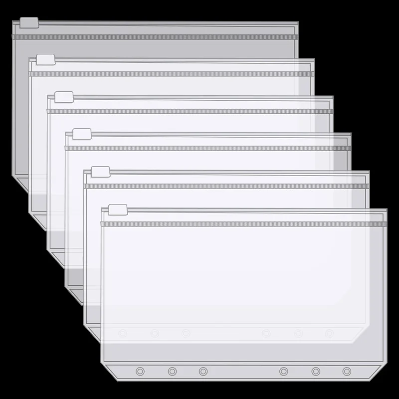 10PCS A6 6 Holes Clear Zipper Folders Waterproof PVC Cash Envelopes for Budgeting Binder Pockets Organizer