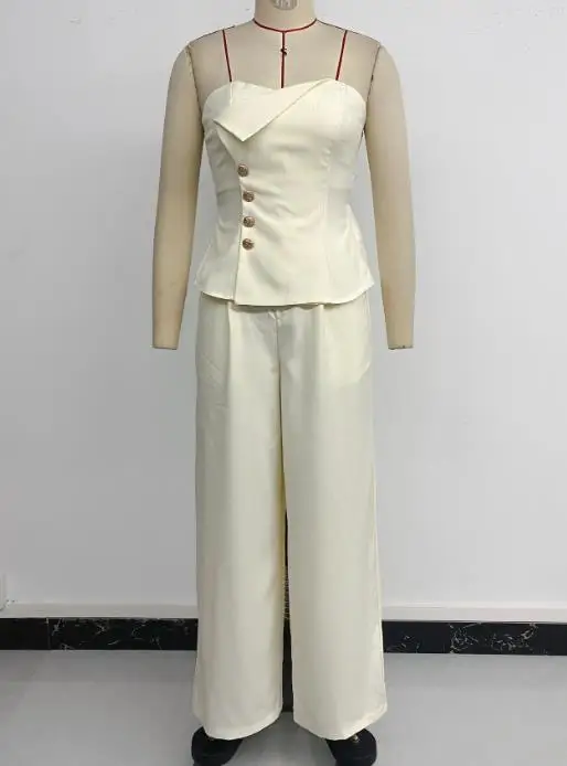 Two Piece Set Women Outfit 2026 New Spring Solid Color Bandeau Sleeveless Shirred Back Vest Top & Casual Wide Leg Pants Set