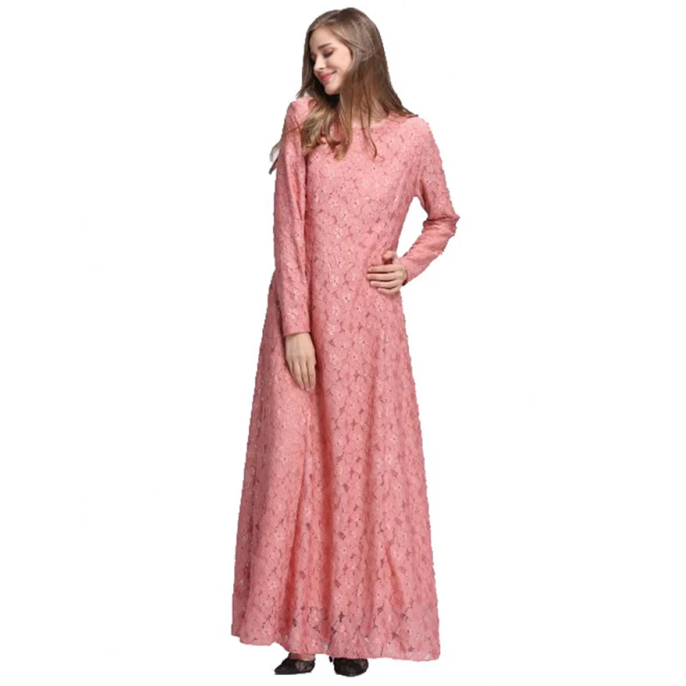 

Gorgeous Pink Muslim Dress Lace 2024 Prom Dresses Round Neck Arabic Evening Gowns Long Sleeves Wedding Party Dress New Arrival