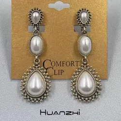 Vintage Water Droplet White Pearl Metal Long Ear Clip for Women Girl Retro Dinner Party Jewelry HUANZHI 2024 NEW INS