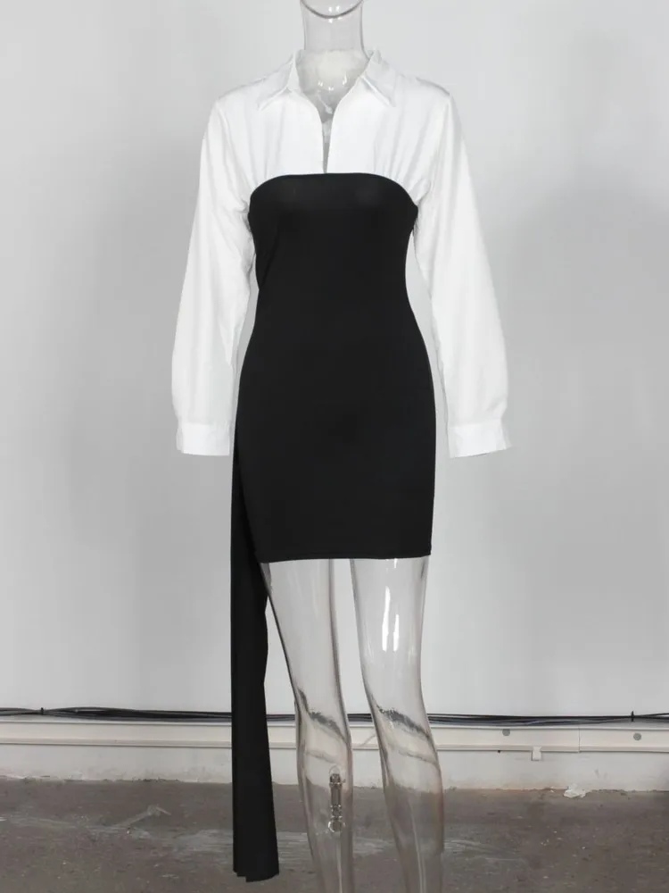 

New Dresses 2026 Woman Fashion Sexy Dress Long Sleeves Bodycon vestidos Package Hip Contrast Color Spliced ​​Lapel Temperament