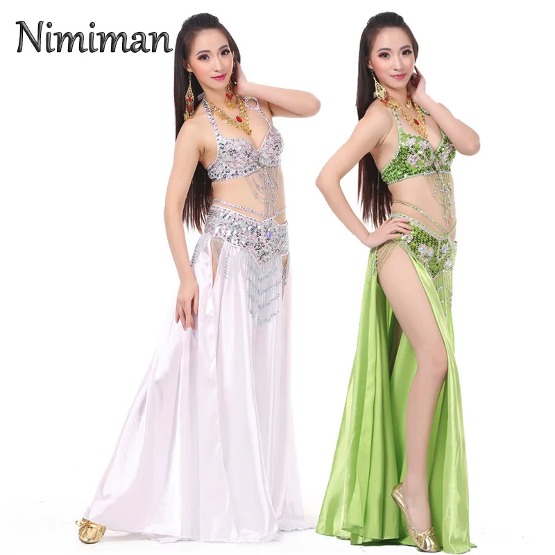 

Belly Dance Costumes Women Professional Sexy Double Slit Skirt+bra+belt Three Piece Set Stage Evening Gown for Daily Dressing