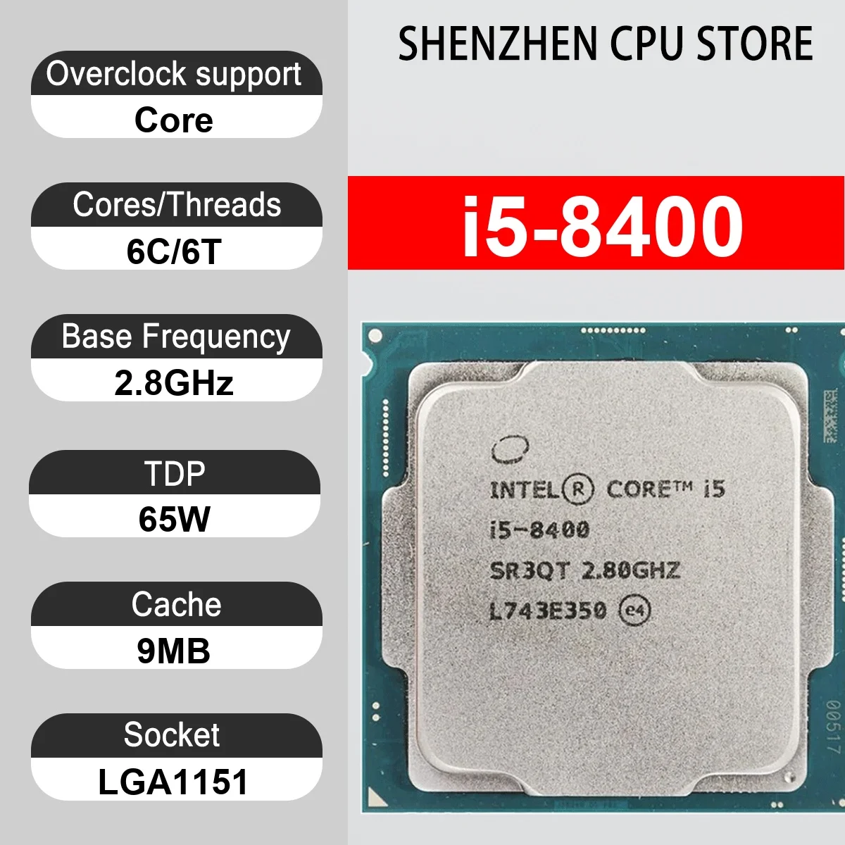 Intel Core i5-8400 6 Core 6 Thread 2.80GHz 65W 9MB Cache 14nm LGA1151 SR3QT DDR4-2666 MHz Coffee Lake UHD Graphics 630