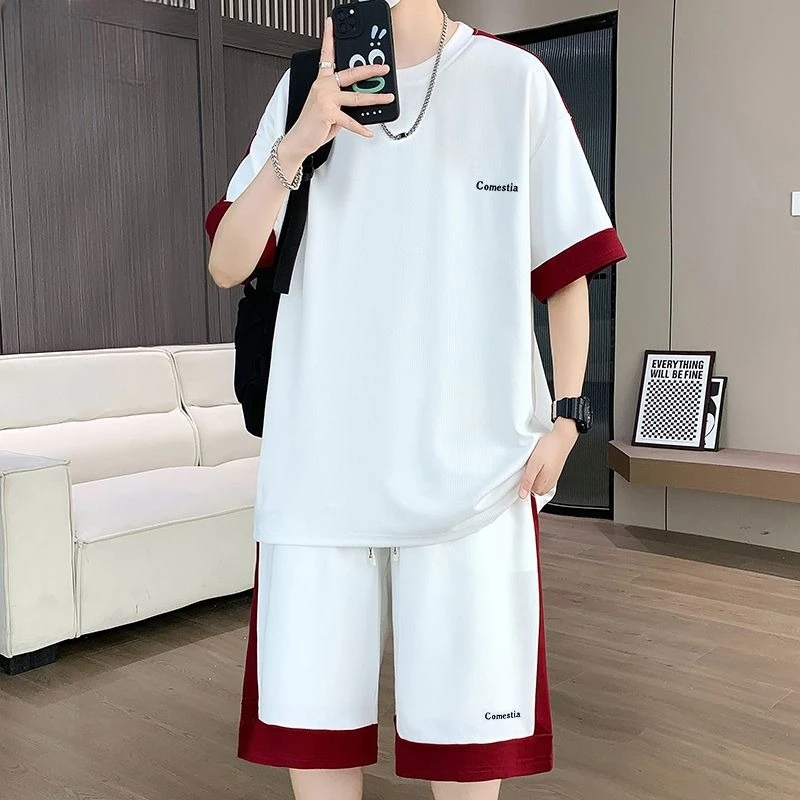 

Men's Shorts Set No Logo Male T Shirt Short Sets White Elastic Korean Two Piece Style 2025 Casual Quarter Sleeve Stretch Trendy