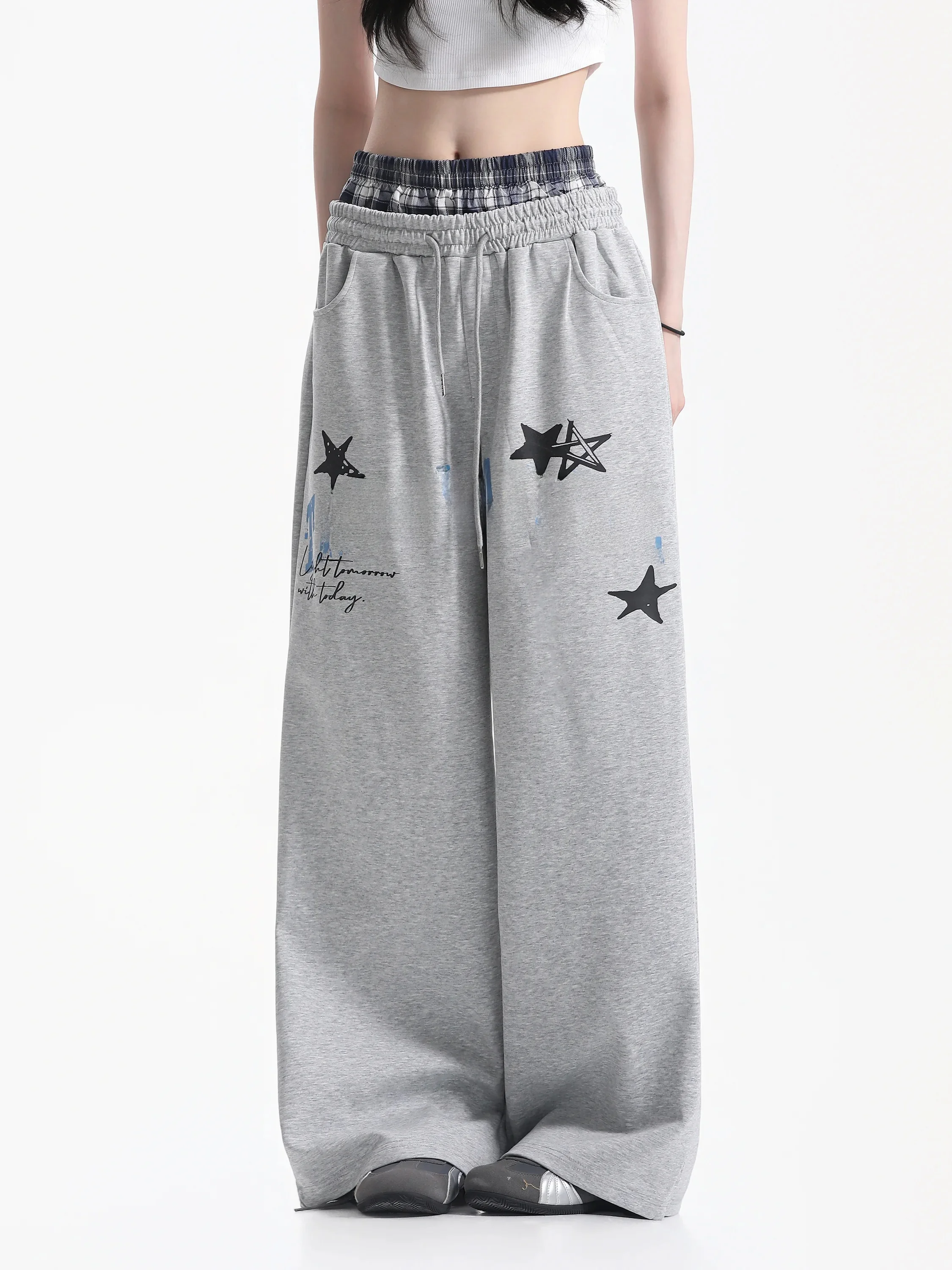 American Style Hot Girl Loose Wide Leg Pants Fake Two-Piece Drawstring Straight Leg Sweatpants Casual Cotton Blend Trousers