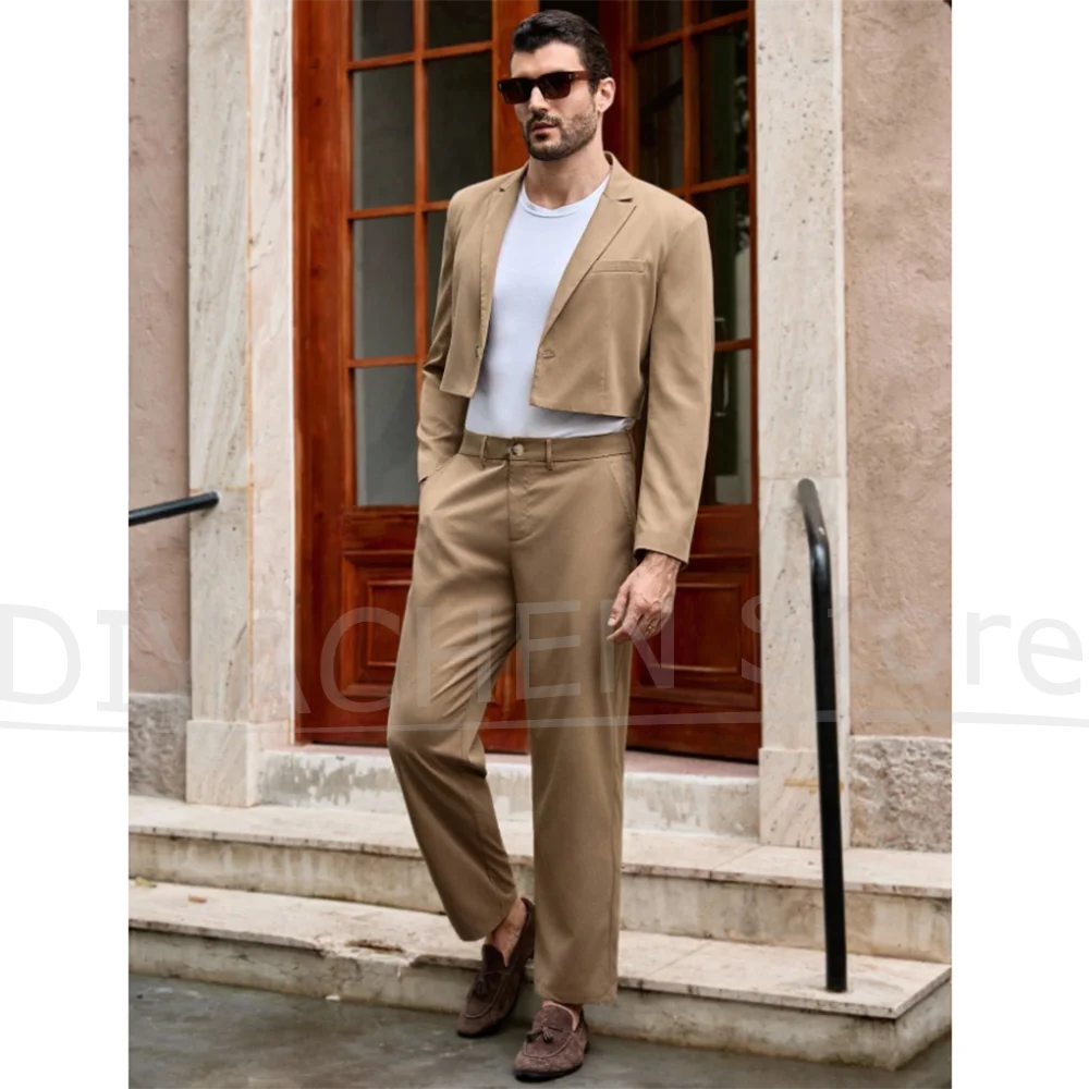 

Men's Khaki Suit Set Casual Style Slim Fit Jacket with Pants Fashion Outfit for Men Chic Prom Party Wedding Male Suit 2 Piece