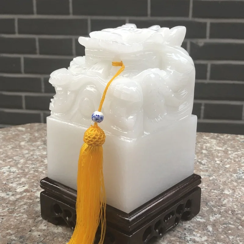 Natural Afghan White Jade Dragon Head Seal Ornament, Coiled Dragon Jade Seal, White Jade Nine-Dragon Ornament, Jade Gift Wholesa