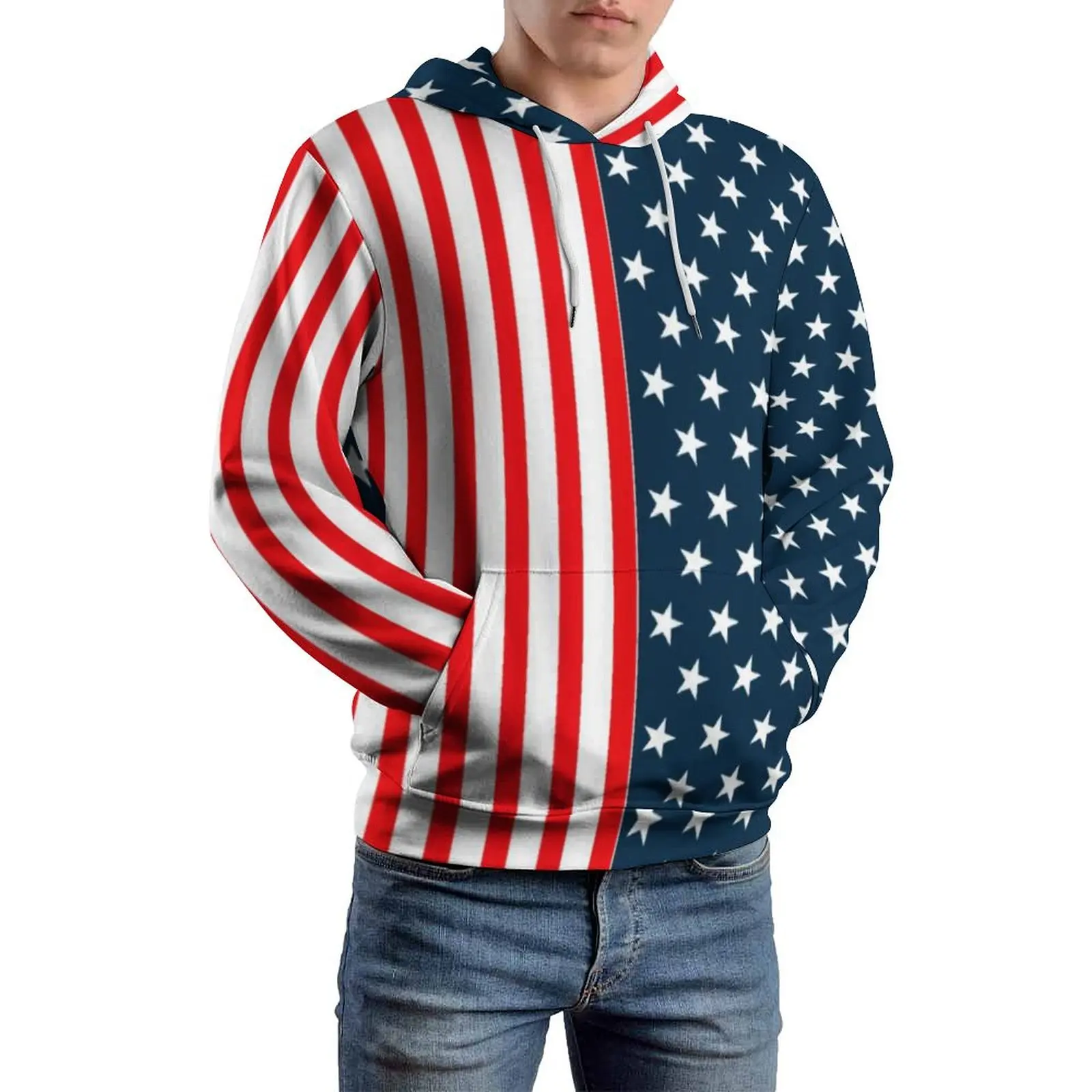 Star And Stripes Casual Hoodies American Patriotic Flag Red Blue Stars Loose Hoodie Men Long Sleeve Design Tops Large Size