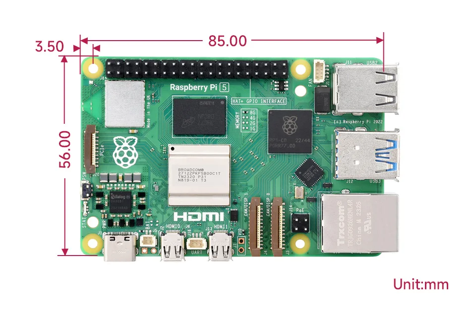 Pi 5, Options for RAM, BCM2712 processor, 2.4GHz quad-core 64-bit Arm Cortex-A76 CPU, Built Using RP1 I/O Controller D