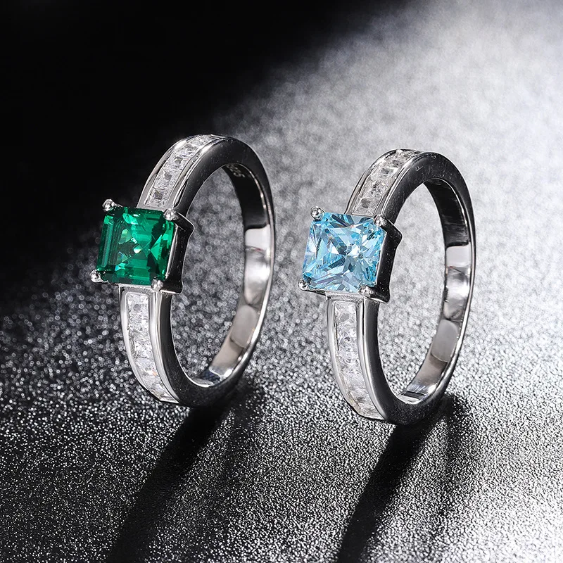 

Jewelry S925 Silver Aquamarine Emerald Green Small Square 2 Carat Simple Ring Main Stone 6*6