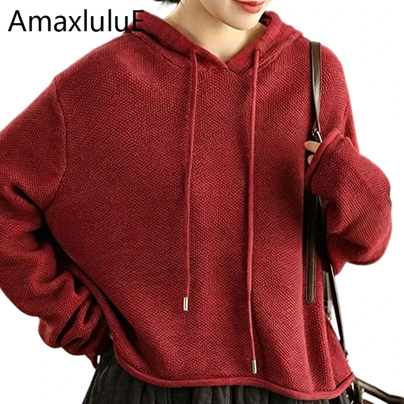Amax LuluE Fall Hooded Sweaters Womens Fashion Warm Oversized Pullover Ladies Luxury Classic Loose Casual Solid Knitted Jumpers