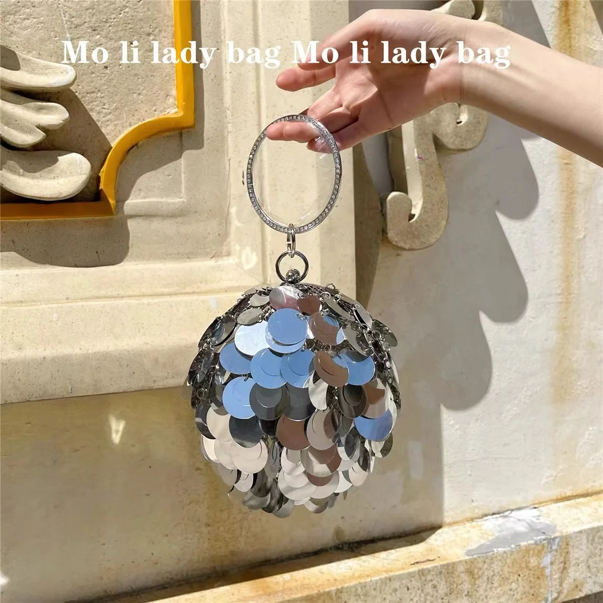 Luxury Hollow Out Metal Cage Bling Shiny Sequins Circular Ball Bag Women Fashion Handbag Dinner Party Clutch Purse Crossbody Bag