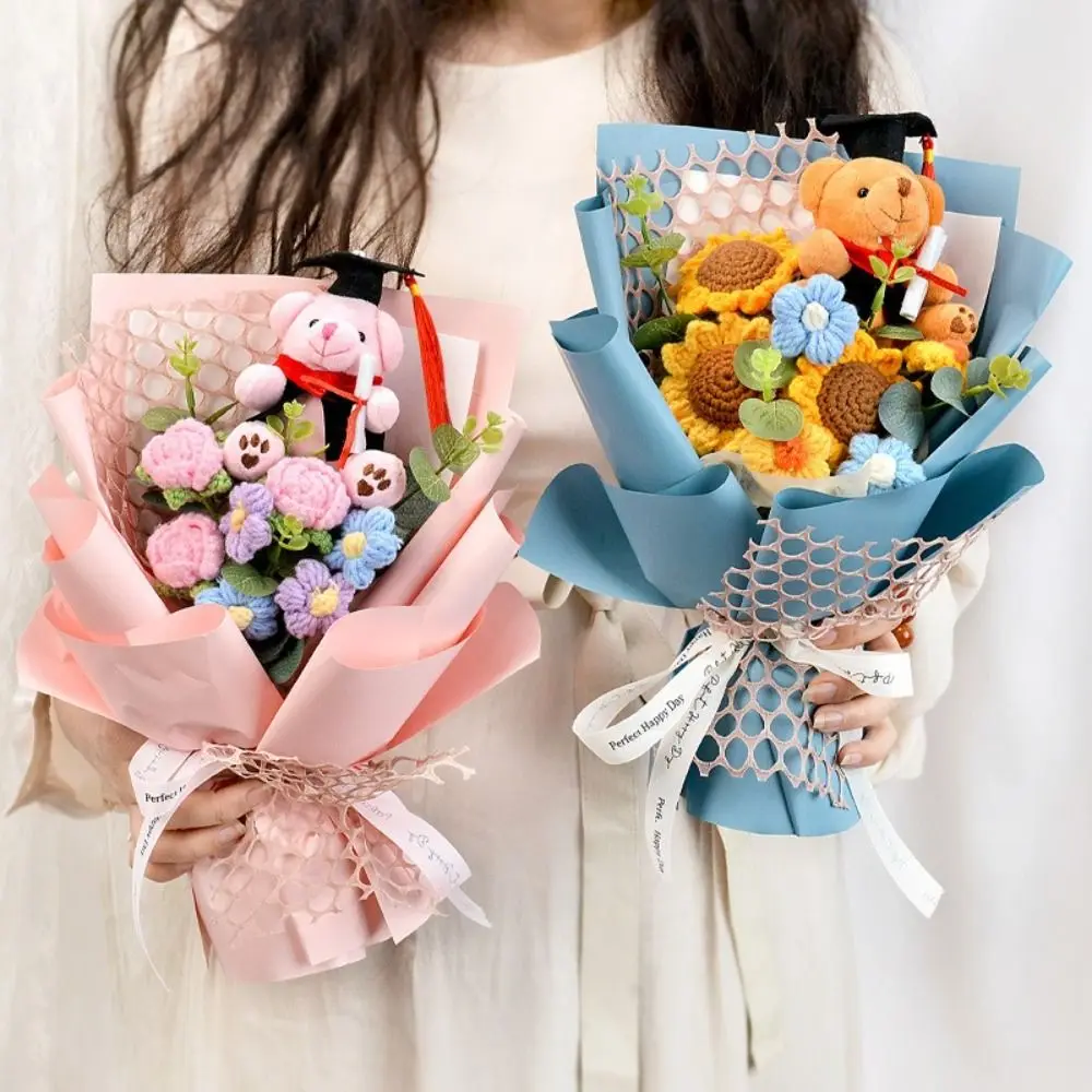 Fashion Rose Flower Bouquet Artificial Flowers Colorful Graduation Flower Cartoon DIY Bear Graduation
