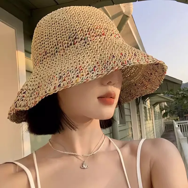 

Hollow Out Rainbow Straw Hat Women Wide Brim Colorful Braided Sun Protection Bucket Hat Summer Shade Seaside Vacation Beach Hats