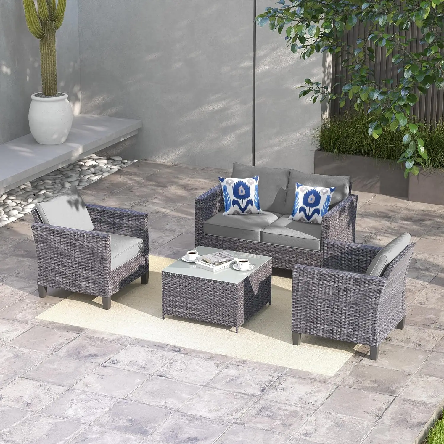 

Patio Furniture Set 4 Piece Outdoor Sectional Sofa Set with Loveseat Chairs Coffee Table High Back Couch All Weather Wicker Sets