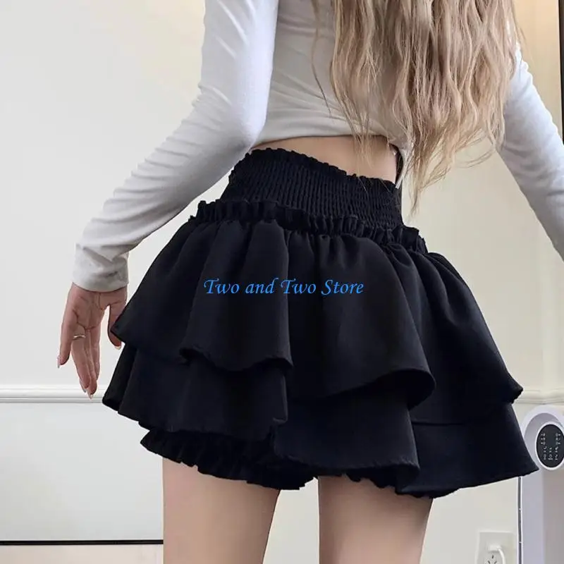 HX6F Womens Shirred High Waist A Line Pleated Short Cake Skirt Layered Ruffle Skort