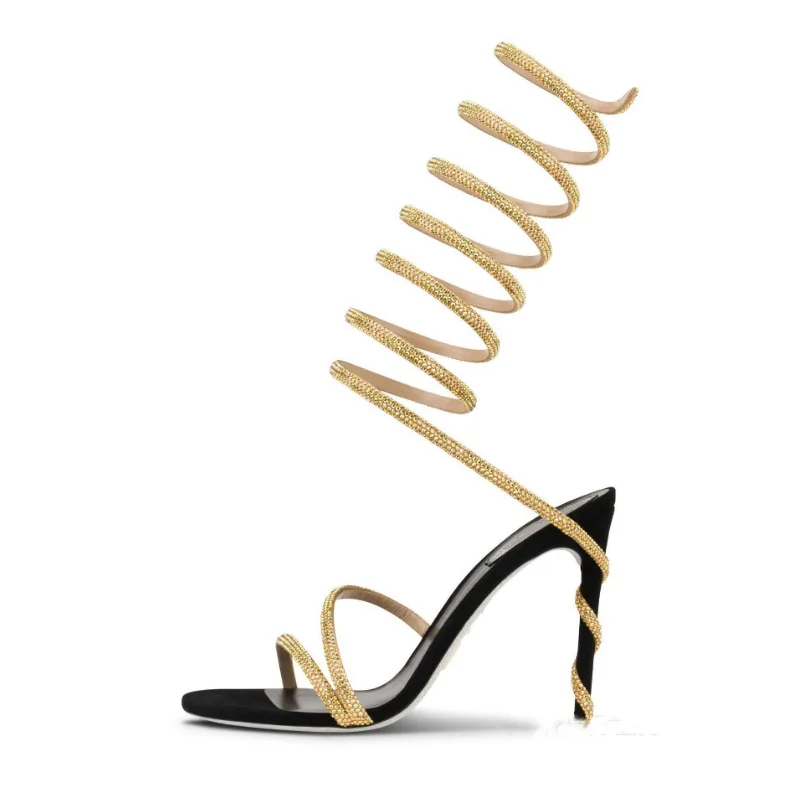 New Crystal Drill  Sandals Ankle Strap Booties Lady Sexy Design Hollow Out Stiletto Snake Heel Gladiator Sandals Women