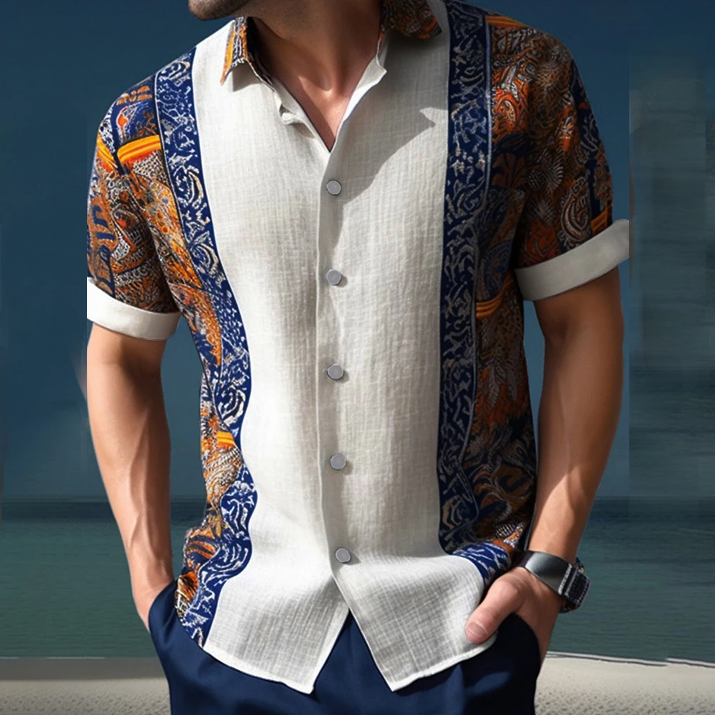 Blouse Mens Shirt Hawaiian Loose Shirts Short Sleeve Tee Top Beach Button Down Guayabera Print Shirt Band Collar