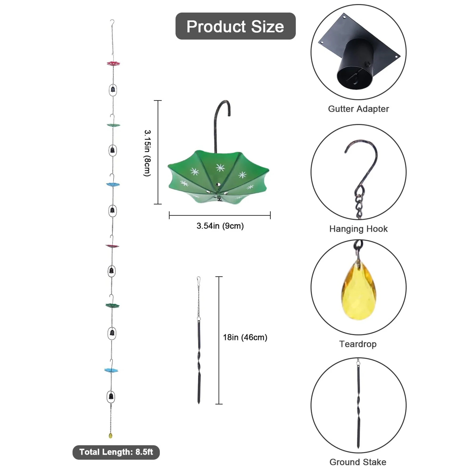 8.5 ft Metal Rain Chain with 6 Umbrellas 6 Bells, Includes Adapter & Stake, Outdoor Gutter Replacement for Eaves Garden Drainage