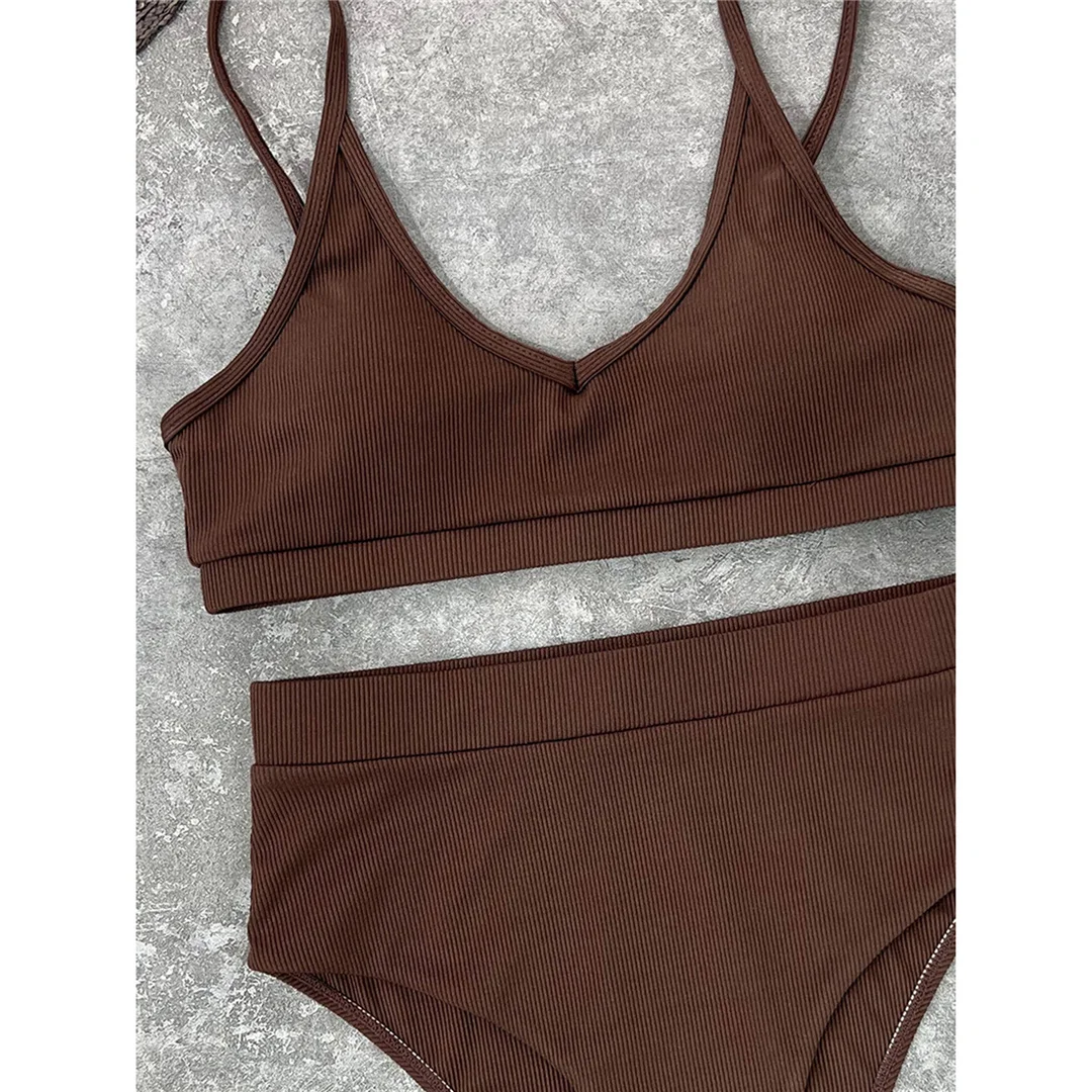 Neuer, gerippter, gepolsterter Bikini mit hoher Taille in 4 Farben, Damen-Badeanzug, zweiteiliges Bikini-Set, Badebekleidung, Badeanzug, Modell V3768. – Detail 24