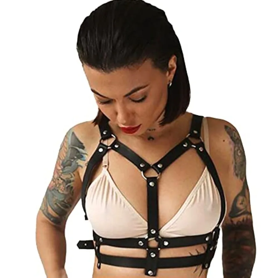 

Punk Black Leather Chest Harness Body Waist Chain Belt Rave Nightclub Sexy Belly Bra Jewelry Accessory for Women Girls
