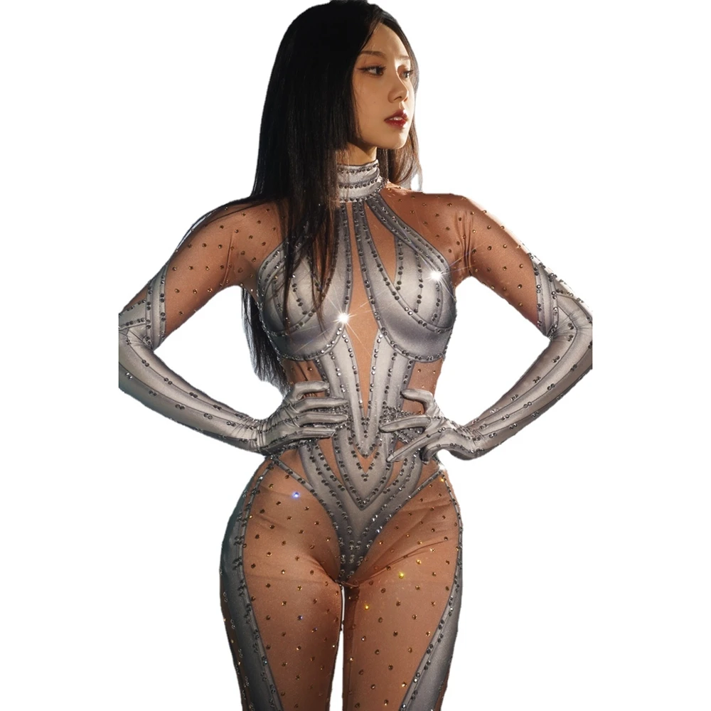 

Sparkly Rhinestones Jumpsuit with Gloves Dancer Performance Show Stage Wear Nightclub Dance Bodysuit