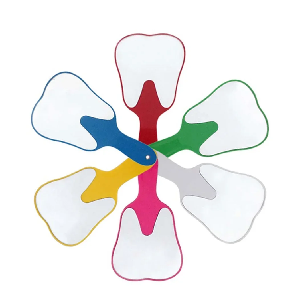 10 pezzi Accessori per odontoiatria Specchio infrangibile in PVC con manico Specchi a forma di dente Specchio per trucco per esame della bocca dentale