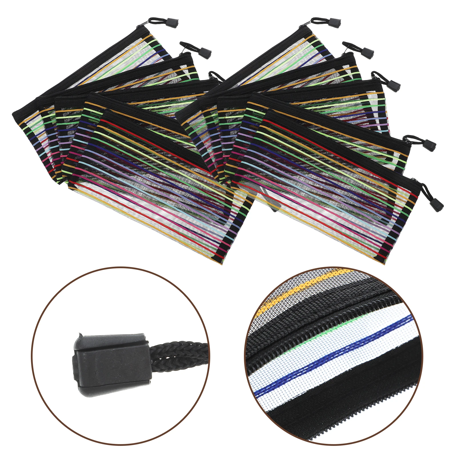 

12 Pc Organizer Bags Striped Storage File for School Bill Pencil Case Mesh Zipper Pouch Document with Black Large Capacity