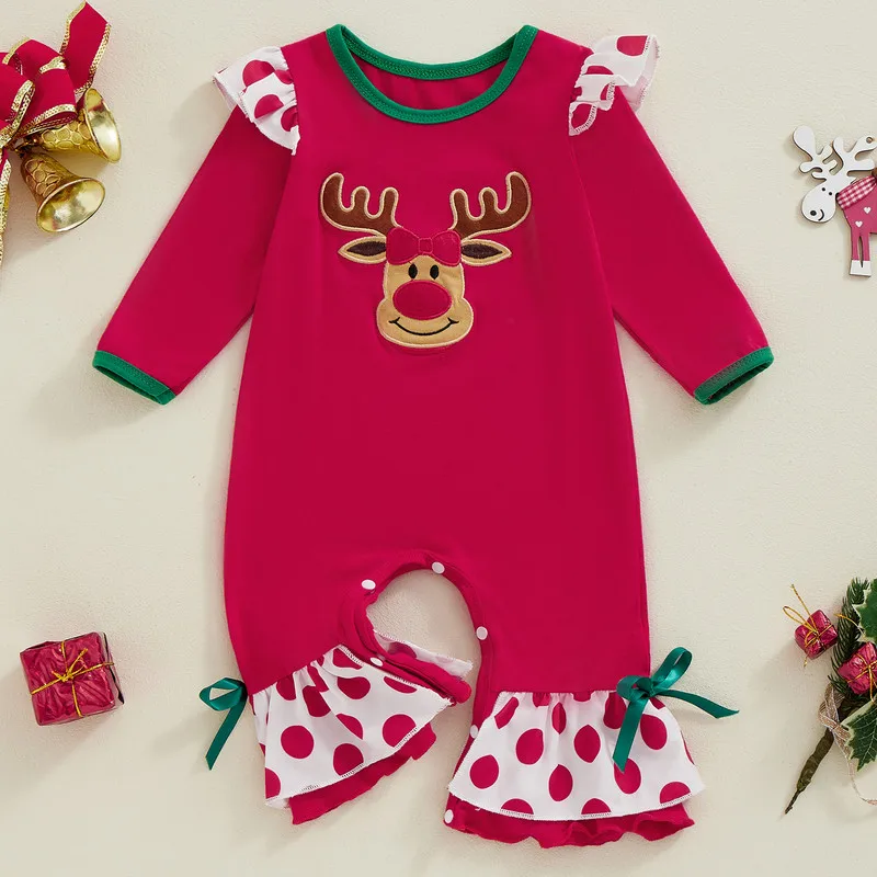 0 to 18 Months Christmas Baby Girls Rompers Deer Embroidery Dot Flare Pants Long Sleeve Infant Jumpsuit Baby Clothing