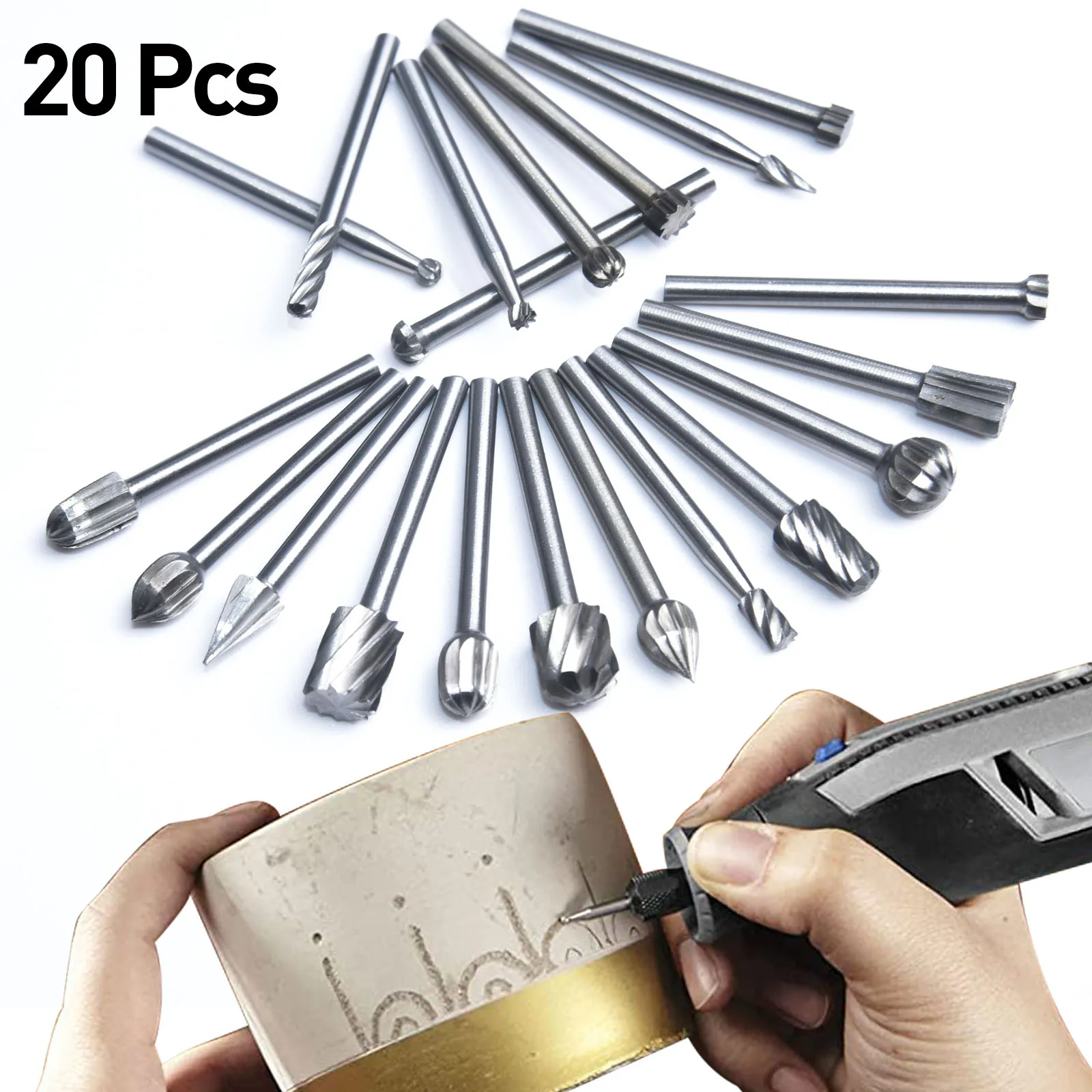 

20PCS HSS Rotary File Burr Bits Set 3mm Shank, for Wood Metal Carving, with Handle for Electric Grinder Accessories