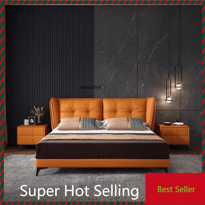 

A71 A44 Modern Simple Master Bedroom Marriage 1 M 8 Solid Wood Double Light Luxury High-End Elegant Leather Bed Big Bed Soft