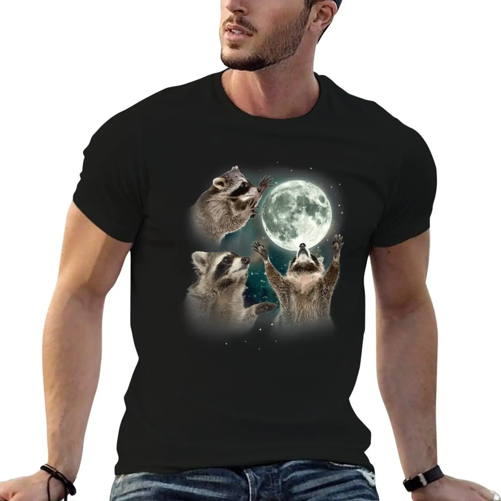 Three Racoons Howling Funny T-Shirt Trendy Casual Short Sleeve Shirt