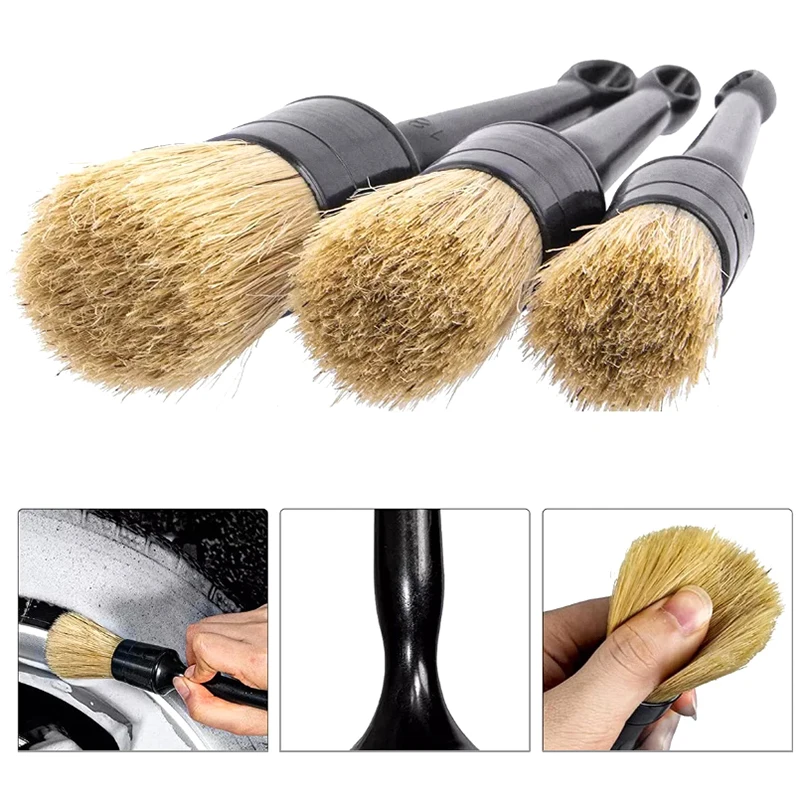 3 PCS Car Exterior Interior Detail Brush Boar Hair Bristle Brushes for Car Cleaning Auto Detail Tools Dashboard Cleaning Brush