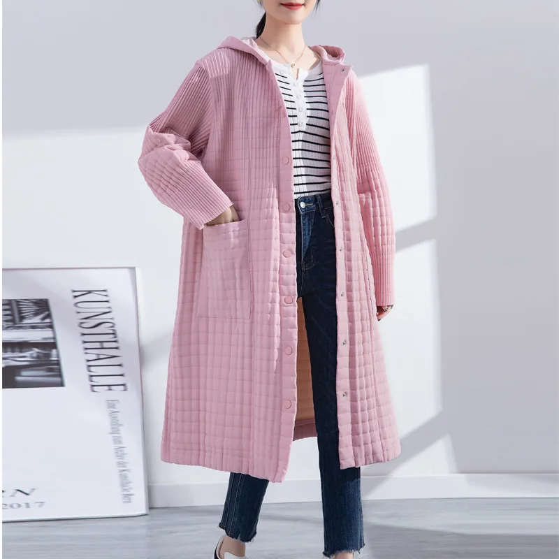 Miyake Pleated New Cotton-padded Jacket Women\'s Fashion Loose Hooded Solid Thick Warm Long Coat Spring 2024