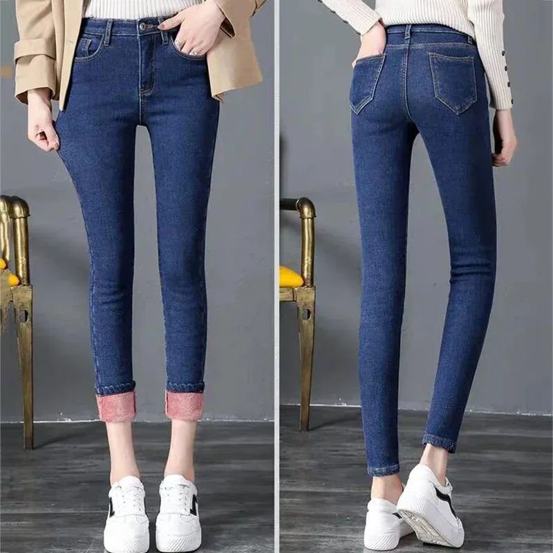 Street Plus Velvet Mid Waist Pencil Denim Pants Women Slim Ankle Length Thick Warm Vaqueros Fashion Fleece Skinny Winter Jeans