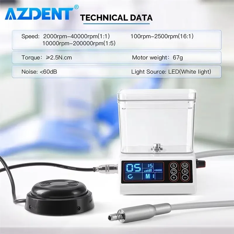 Бесщеточный электрический микромотор AZDENT LED с водяным баком, внутренним распылением, 4 отверстиями и системой векторного управления.