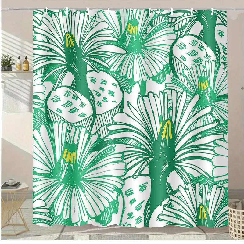 

Rural-style plant illustration Shower Curtain Washable Dirt-Resistant Shower Head waterproof Polyester Bath Curtain
