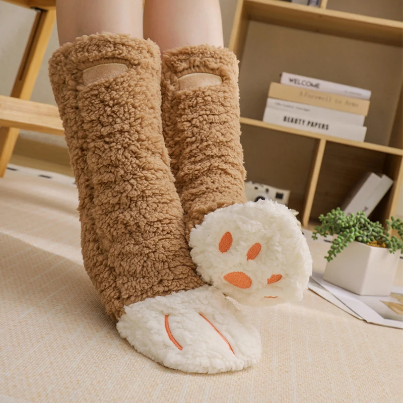 Fuzzy Fluffy Sock Women Cat Paw Winter Warm Plush Non Slip Home Sleeping Soft Female Floor Thermal Slipper Sock Cute Cozy Thick